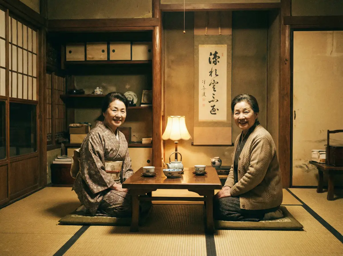 两位优雅的 纯情小泉 在日式茶室中品茶交谈